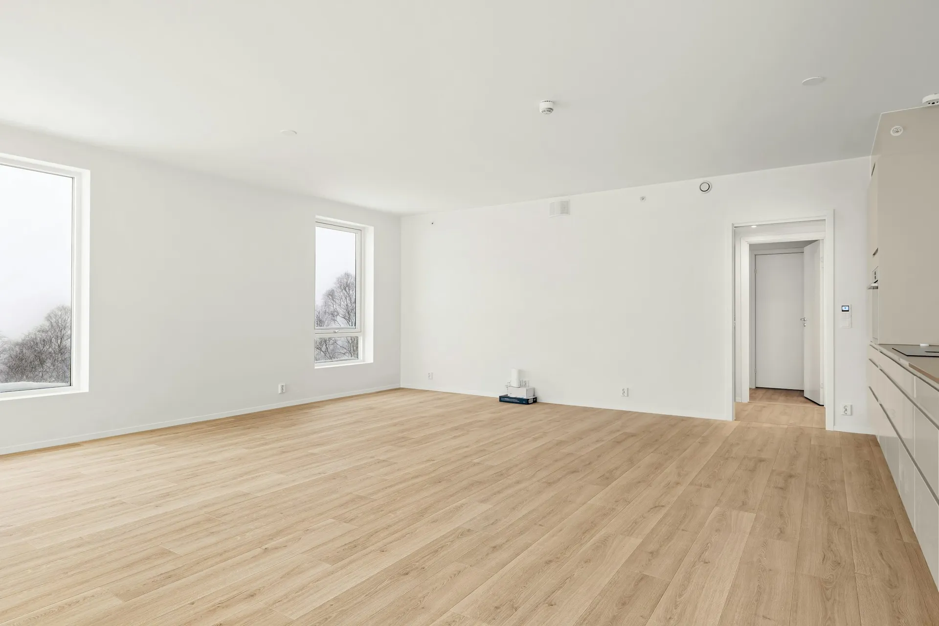 Salón vacío y luminoso con paredes blancas y suelo de madera clara